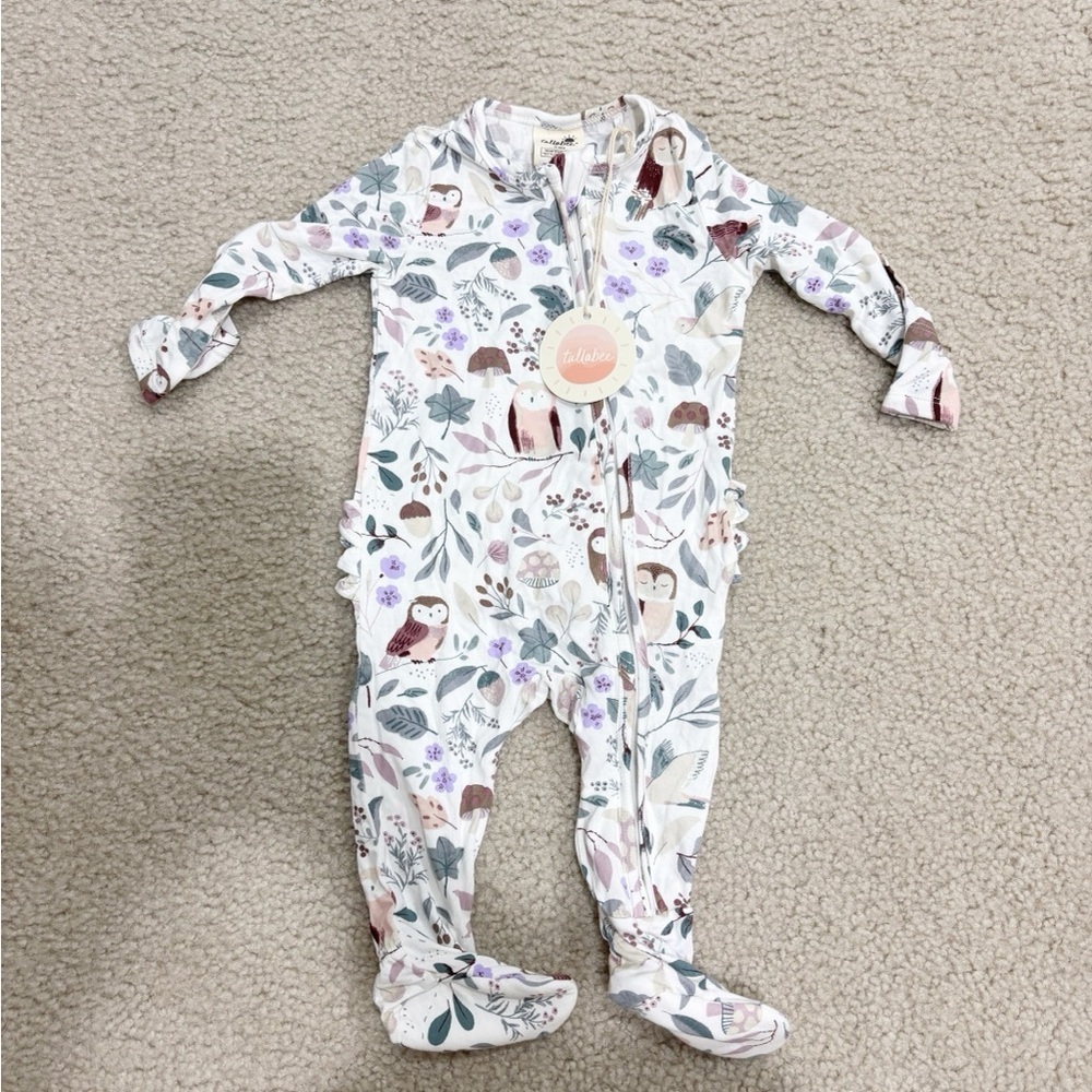 Tullabee NEW Charming Owl Print Kids Footie in White and Purple Multicolor 3-6 M